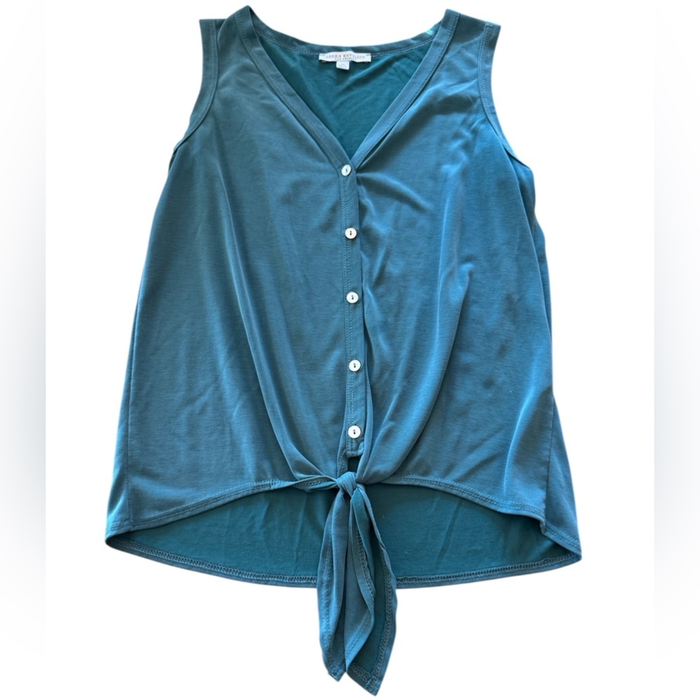 Green Envelope Teal Sleeveless Tie Front Button Down Blouse XS